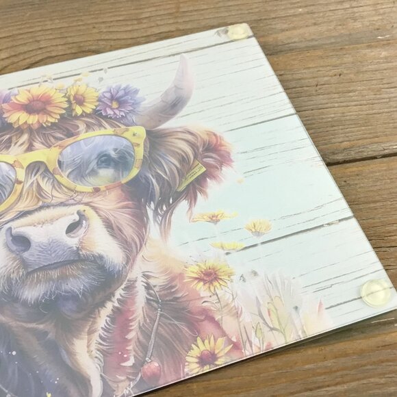 Boho Hippie Highland Cow Glass Cutting Board - Picture 8 of 8